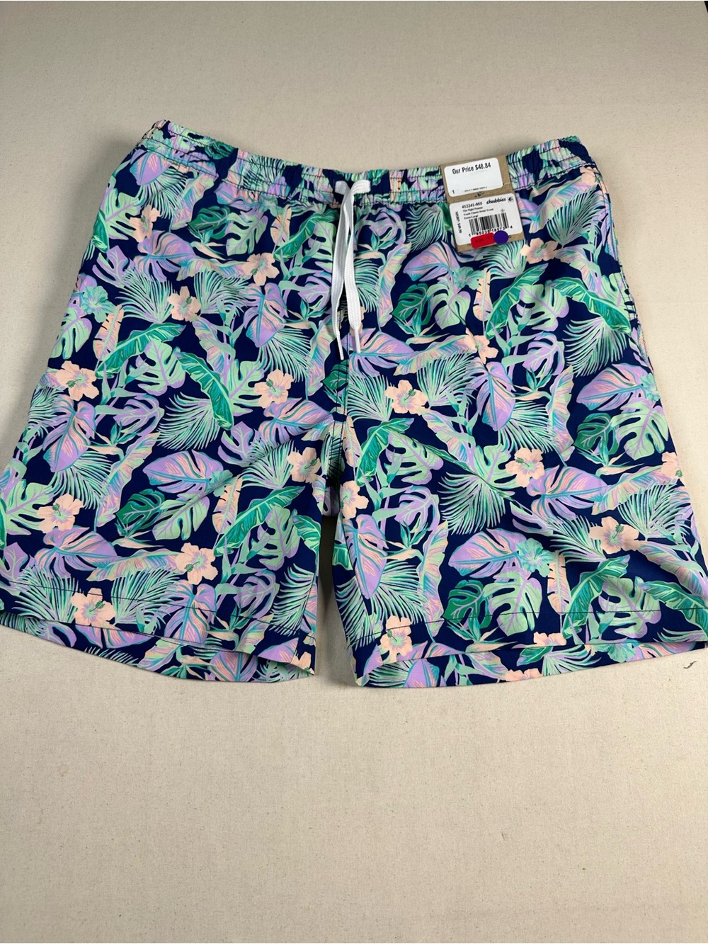 chubbies Navy Tropical Leaf Swim Trunks with Mint & Lavender Accents youth xl
